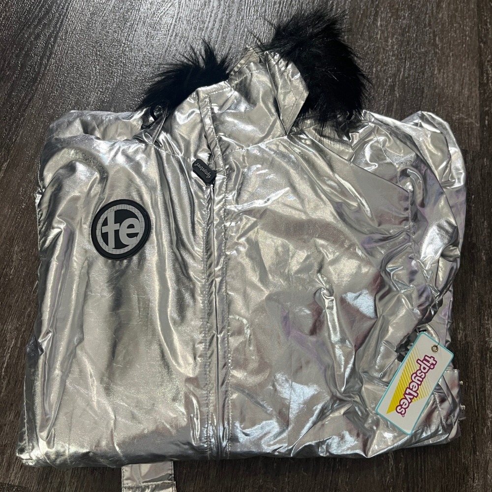Tipsy Elves Womens Silver Metallic Hooded Ski Suit Jumpsuit Snowsuit Size S